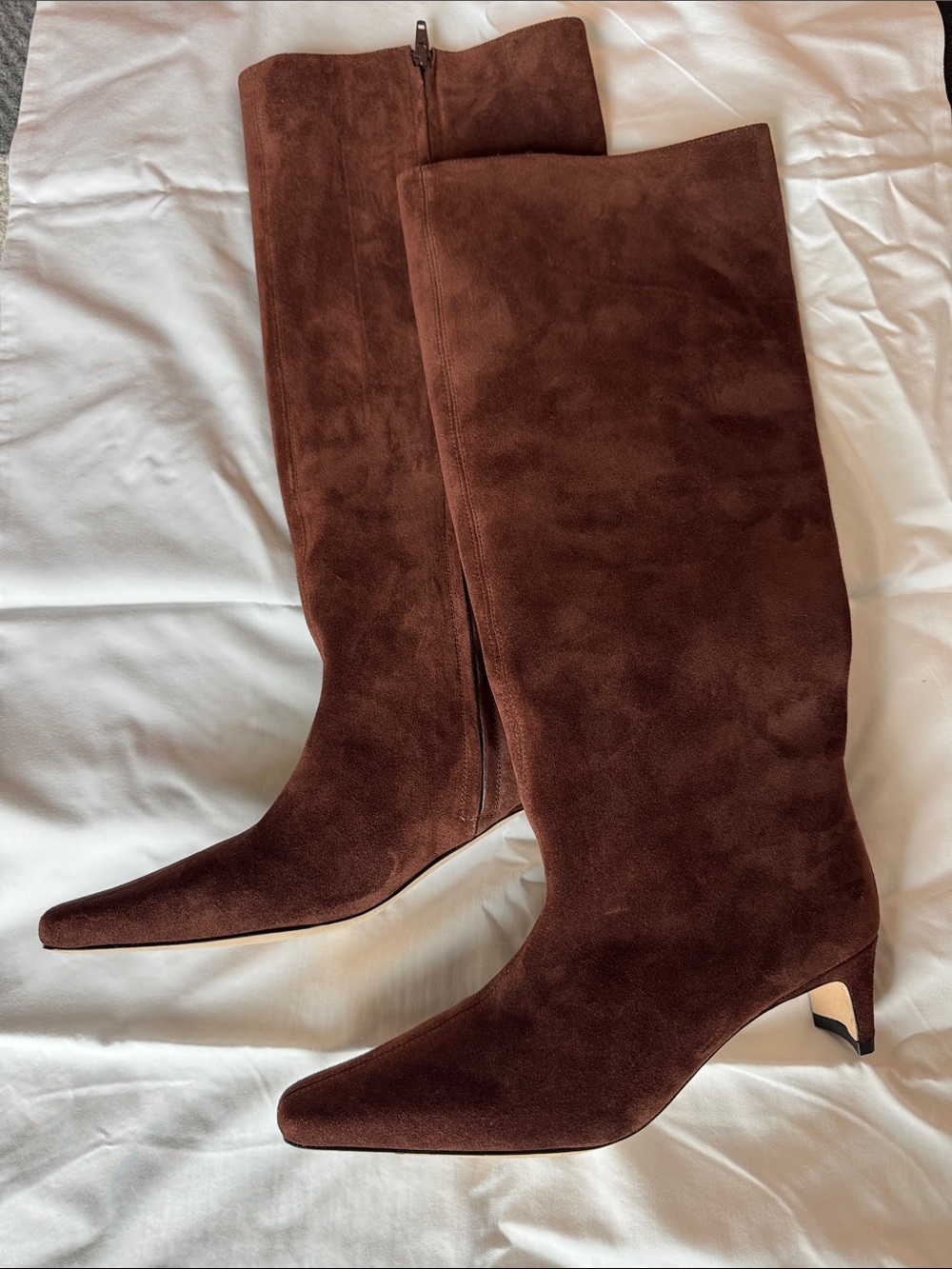 STAUD Brown Suede Knee-High Pointed Toe Boots